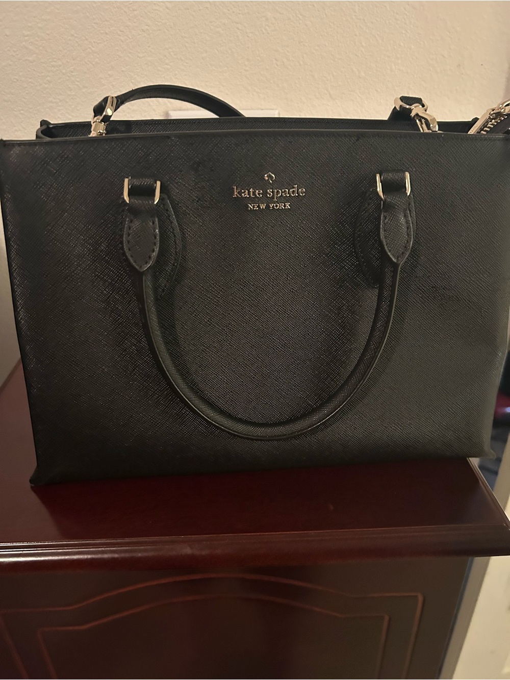 kate spade Black Structured Saffiano Satchel with Gold Hardware